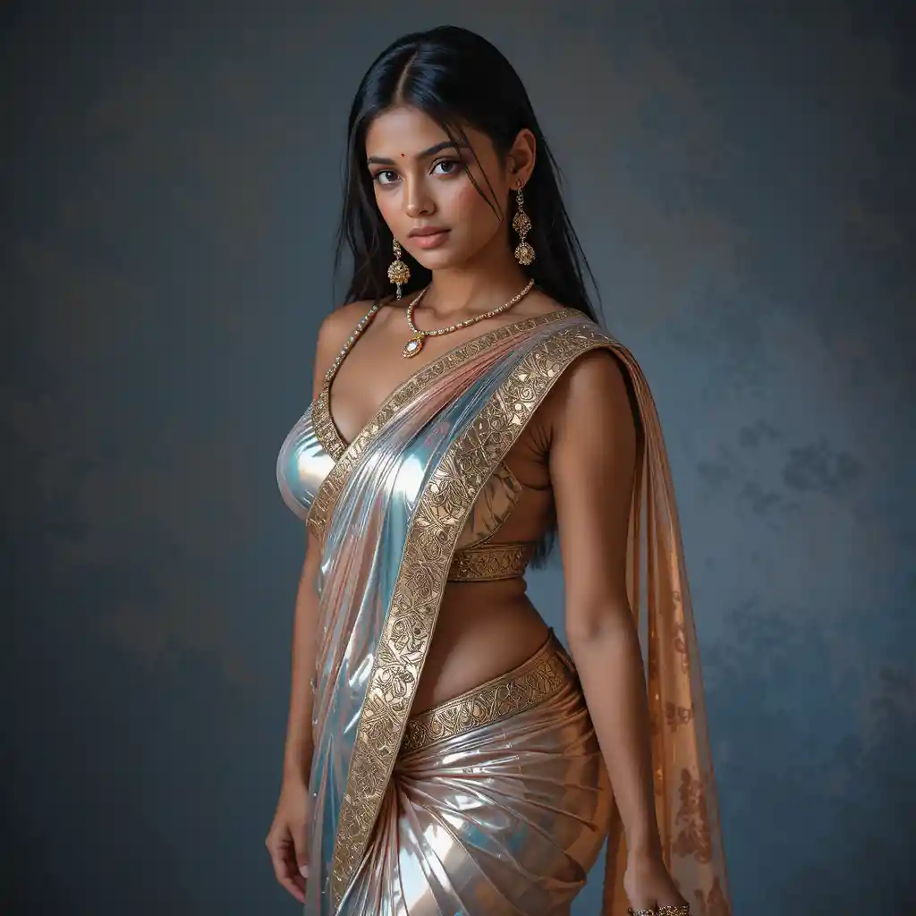 Tamil woman in glossy saree with exposed midriff pose