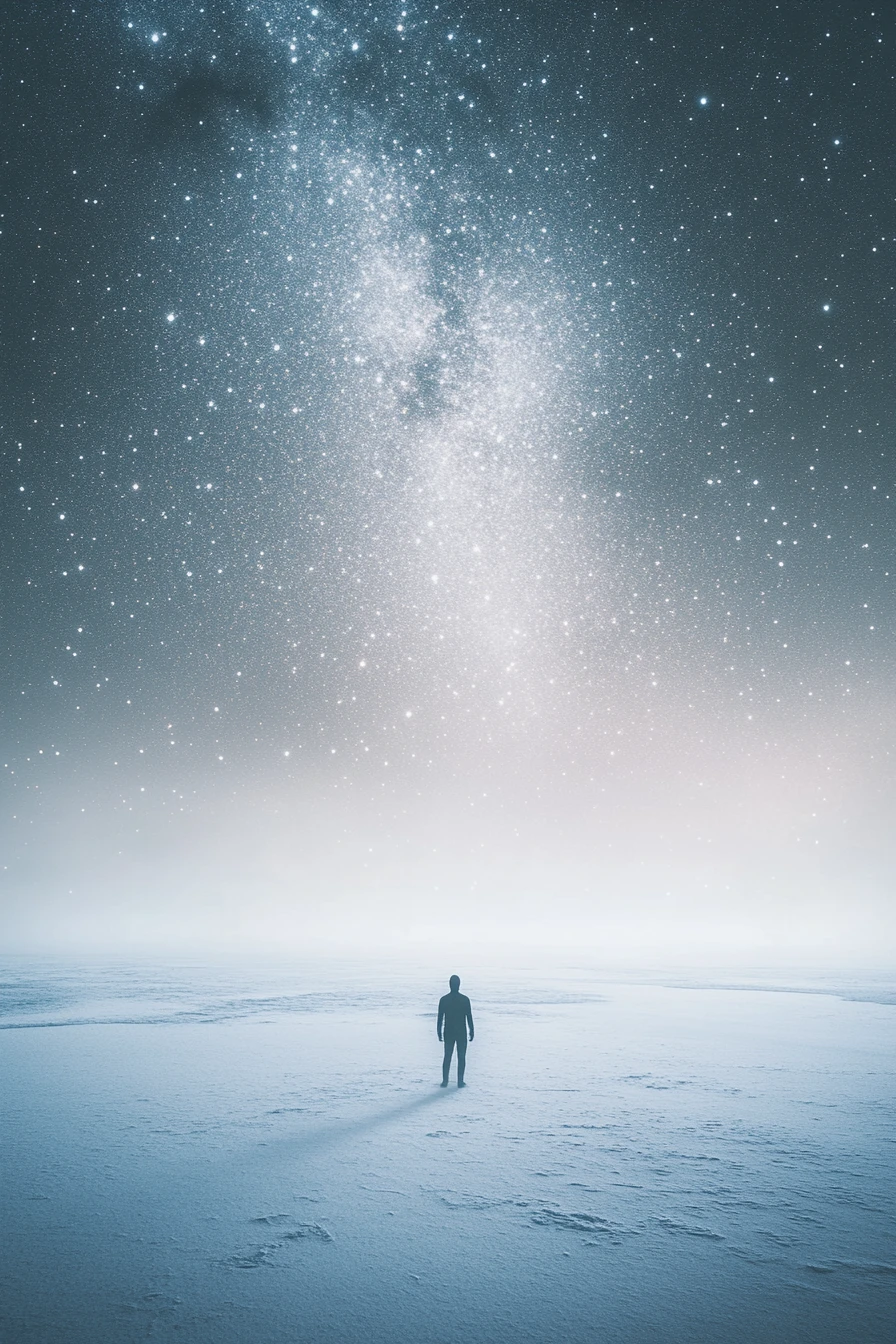 Lone Human Silhouette Under A Vast Starry Universe
