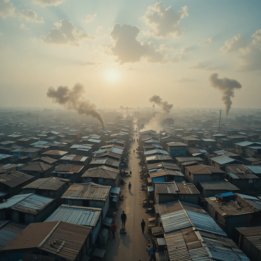 Drone view of a sprawling Lagos slum at sunrise