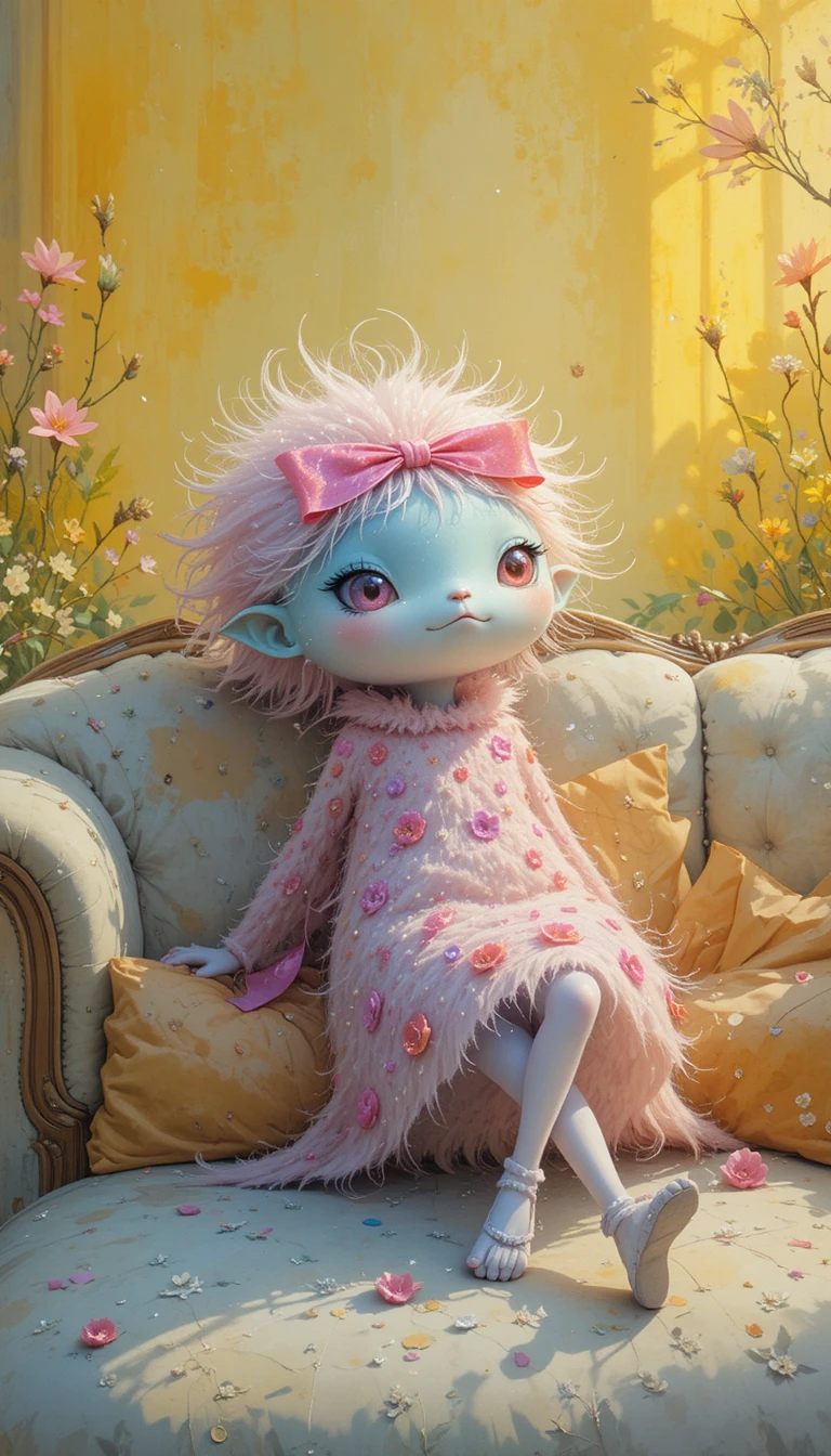 Playful neon monster lounging by a cozy sofa
