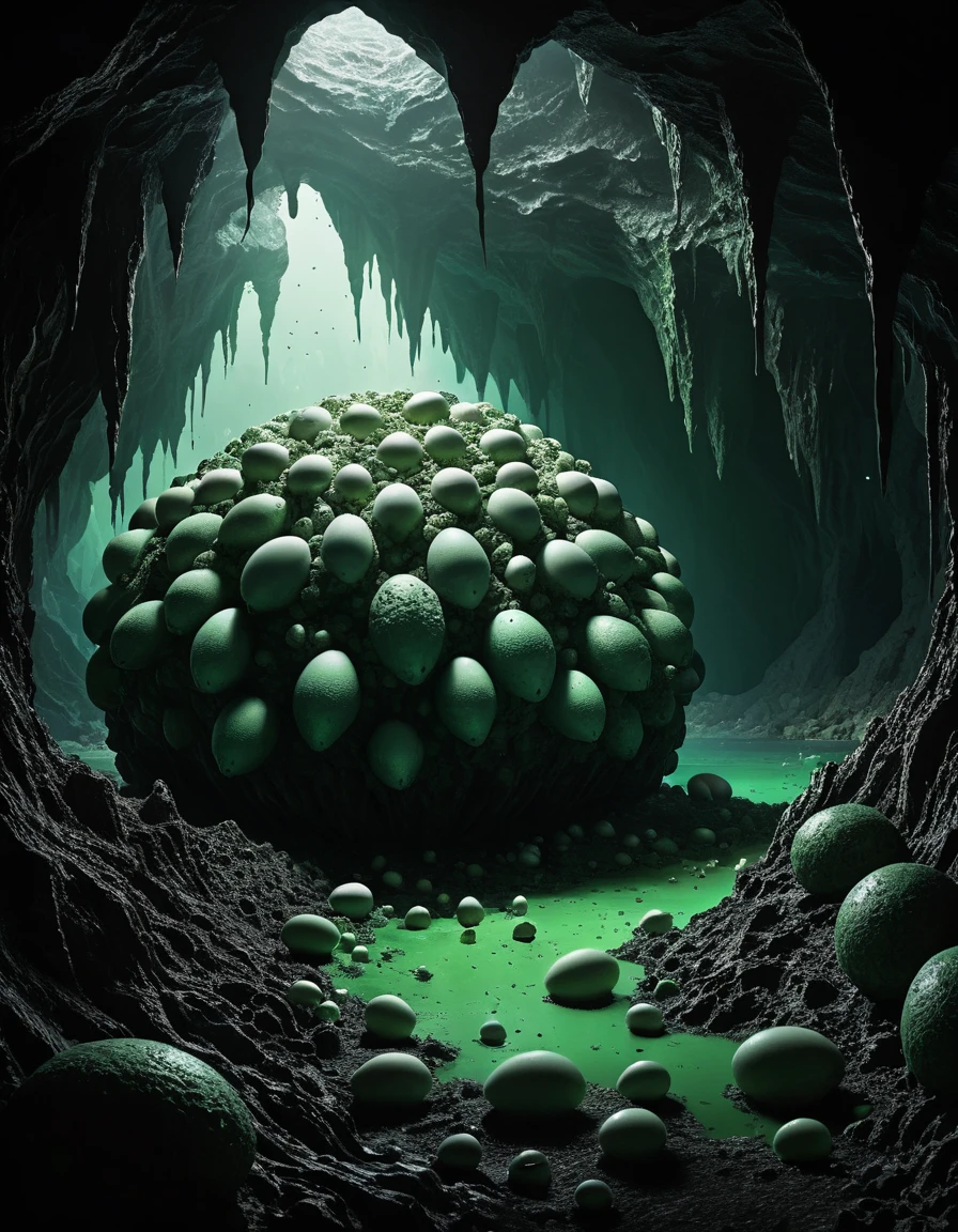 Alien lagoon cave filled with eerie cocoon clusters