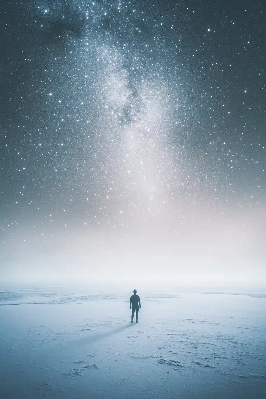 Lone Human Silhouette Under A Vast Starry Universe