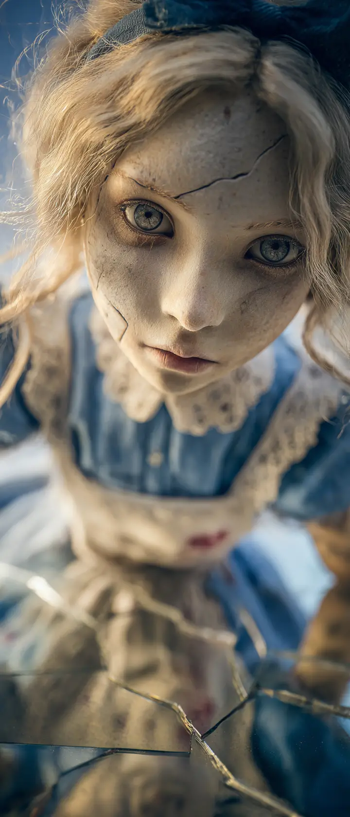 Broken porcelain doll woman in surreal wonderland scene