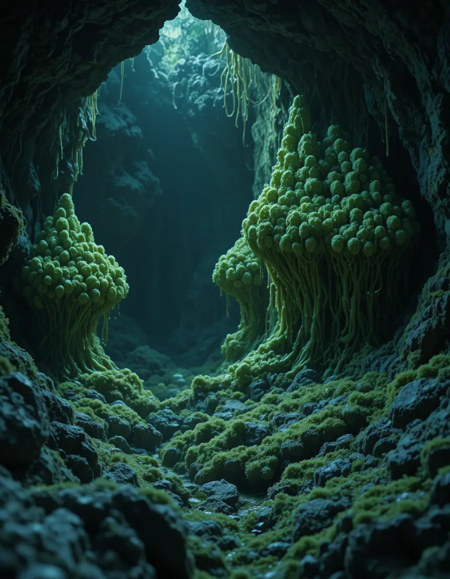 Alien egg clusters in a dark slime filled cave