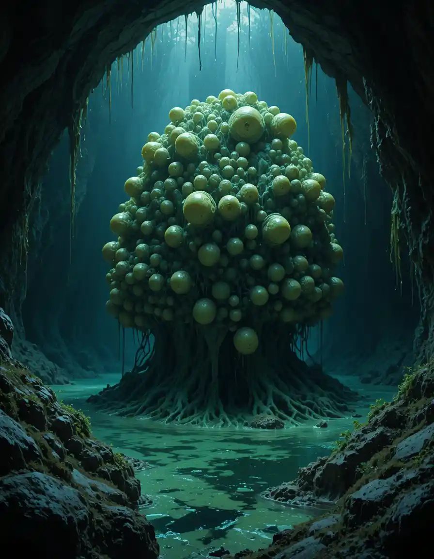Alien lagoon cave filled with cocoons and green slime