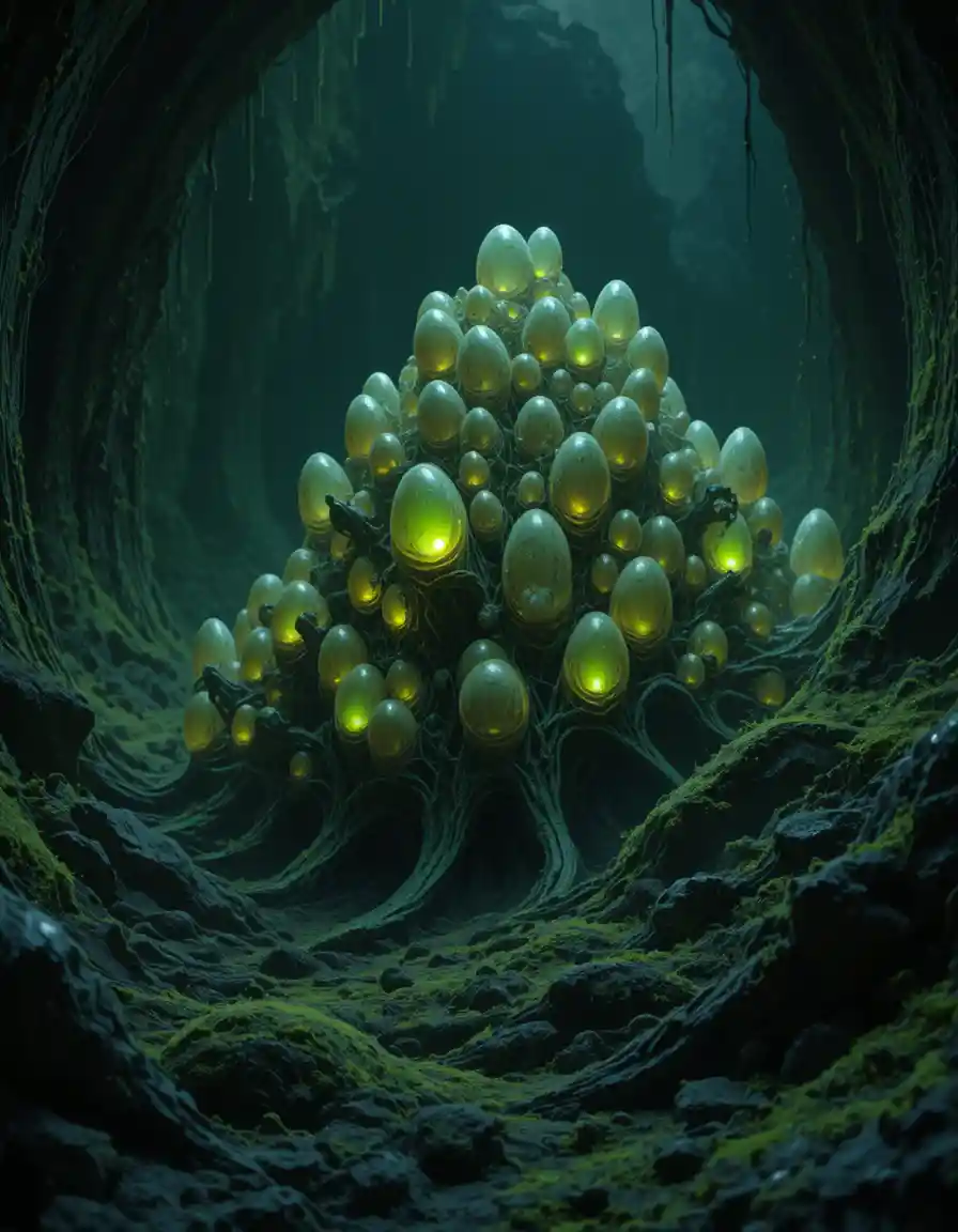 Alien egg clusters glowing with eerie neon green slime