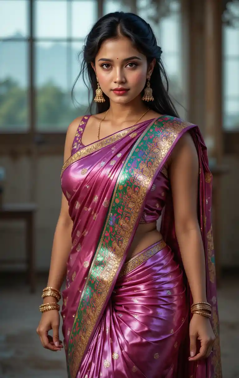 Full body woman in saree with exposed midriff pose