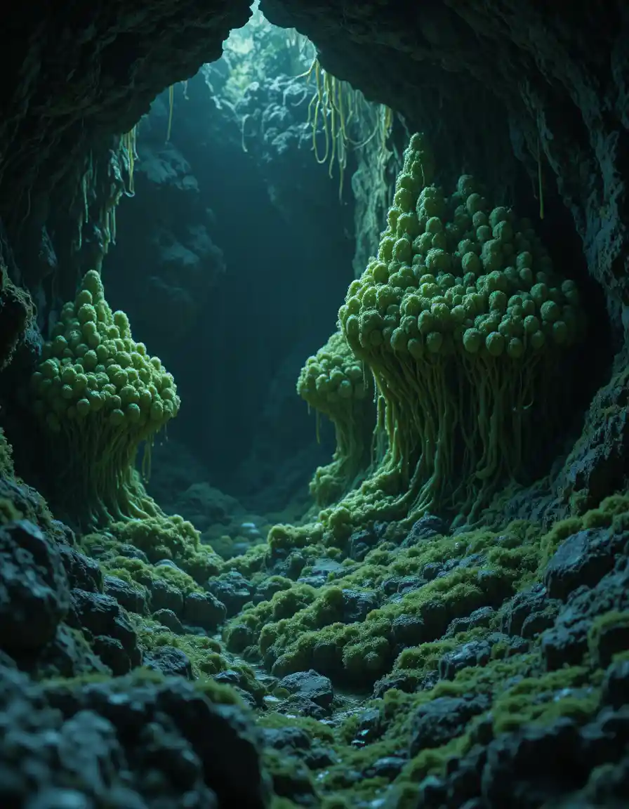 Alien egg clusters in a dark slime filled cave
