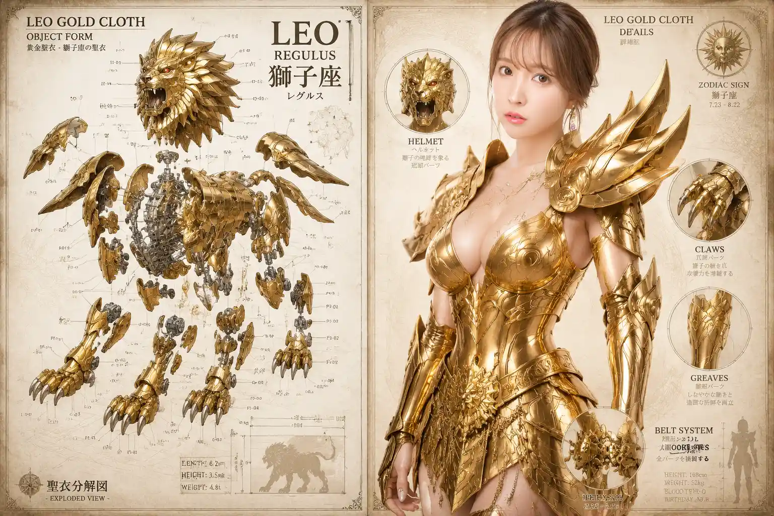 Female leo warrior in golden armor technical split illustration