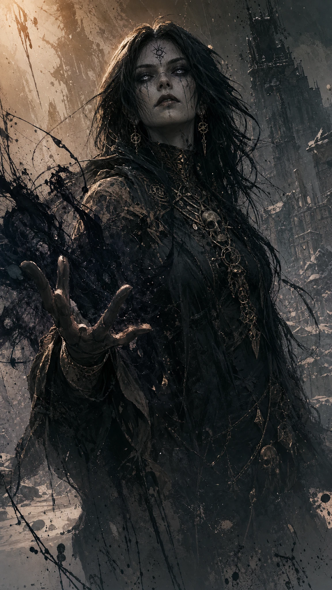 Dark sorceress in ruins of a snow covered fantasy city