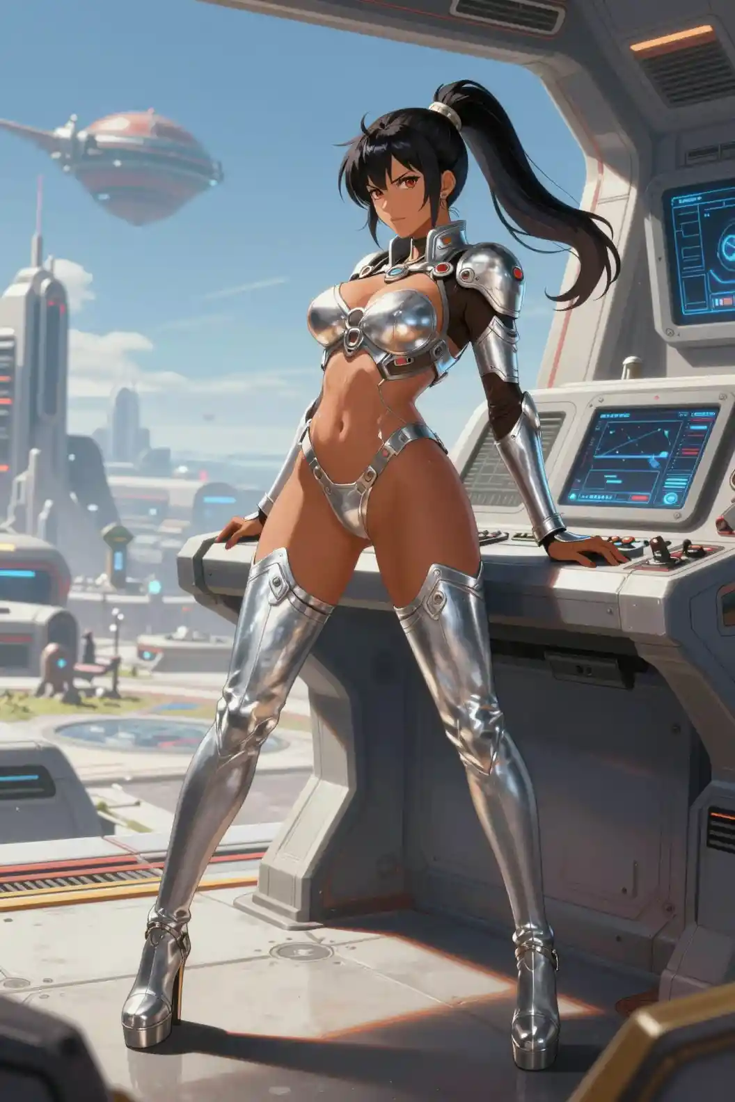 Sci fi woman in armor at control panel on alien world