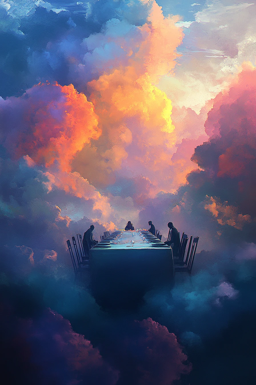 Foreboding digital sky filled with drifting dreamlike clouds