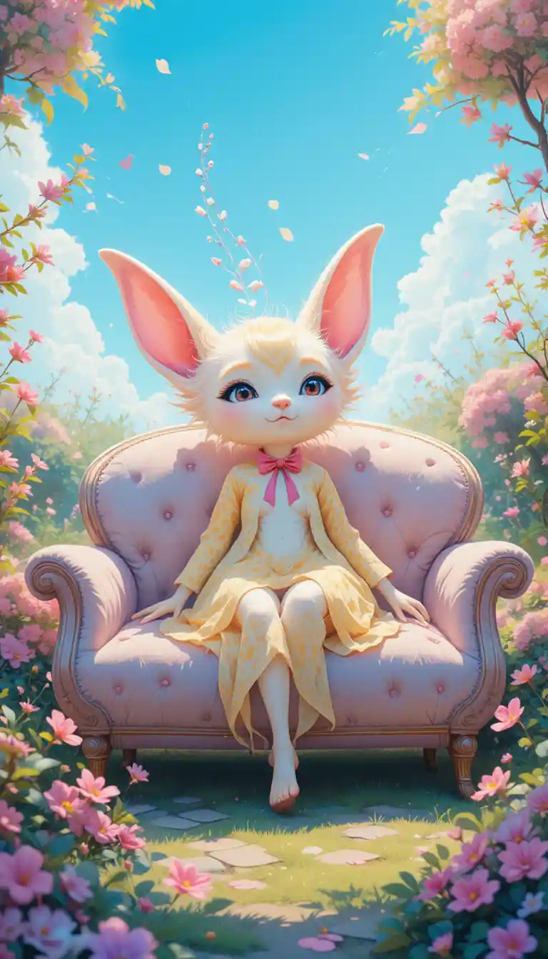 Whimsical fantasy creature relaxing on a bright spring sofa