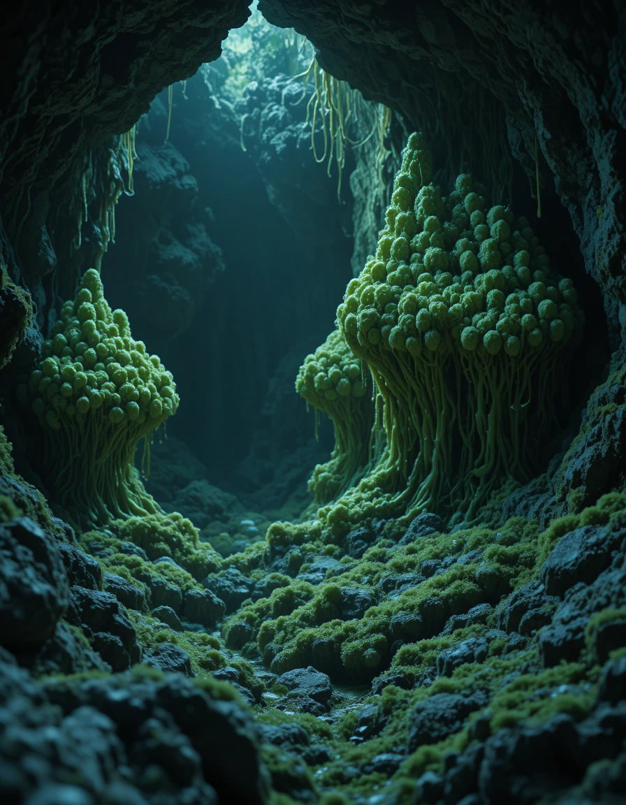 Alien egg clusters in a dark slime filled cave