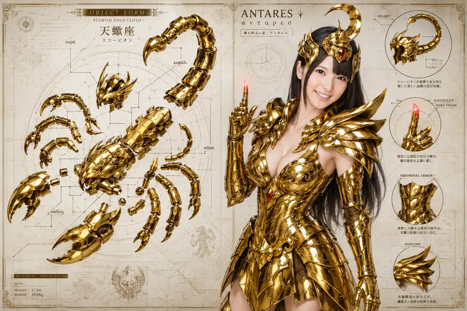 Female scorpio warrior in gold armor split schematic layout