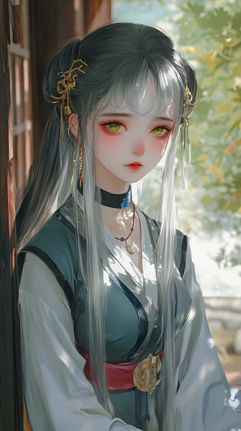 Sad horned girl in a forest temple courtyard