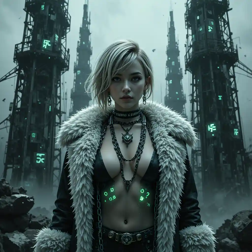 Glitch sci fi woman in ruined transmission tower shrine