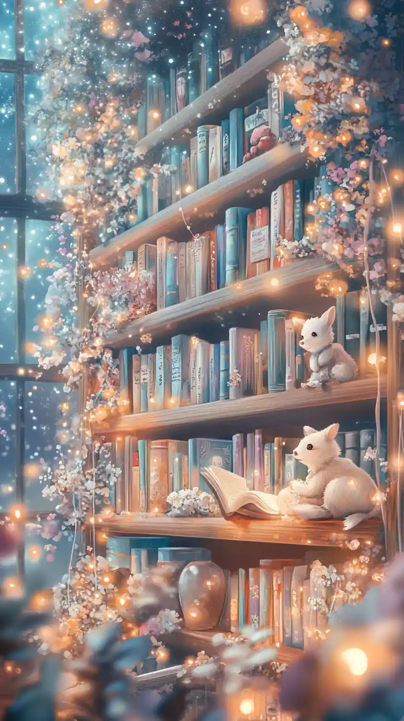 Cozy animals reading together by a glowing pastel bookshelf