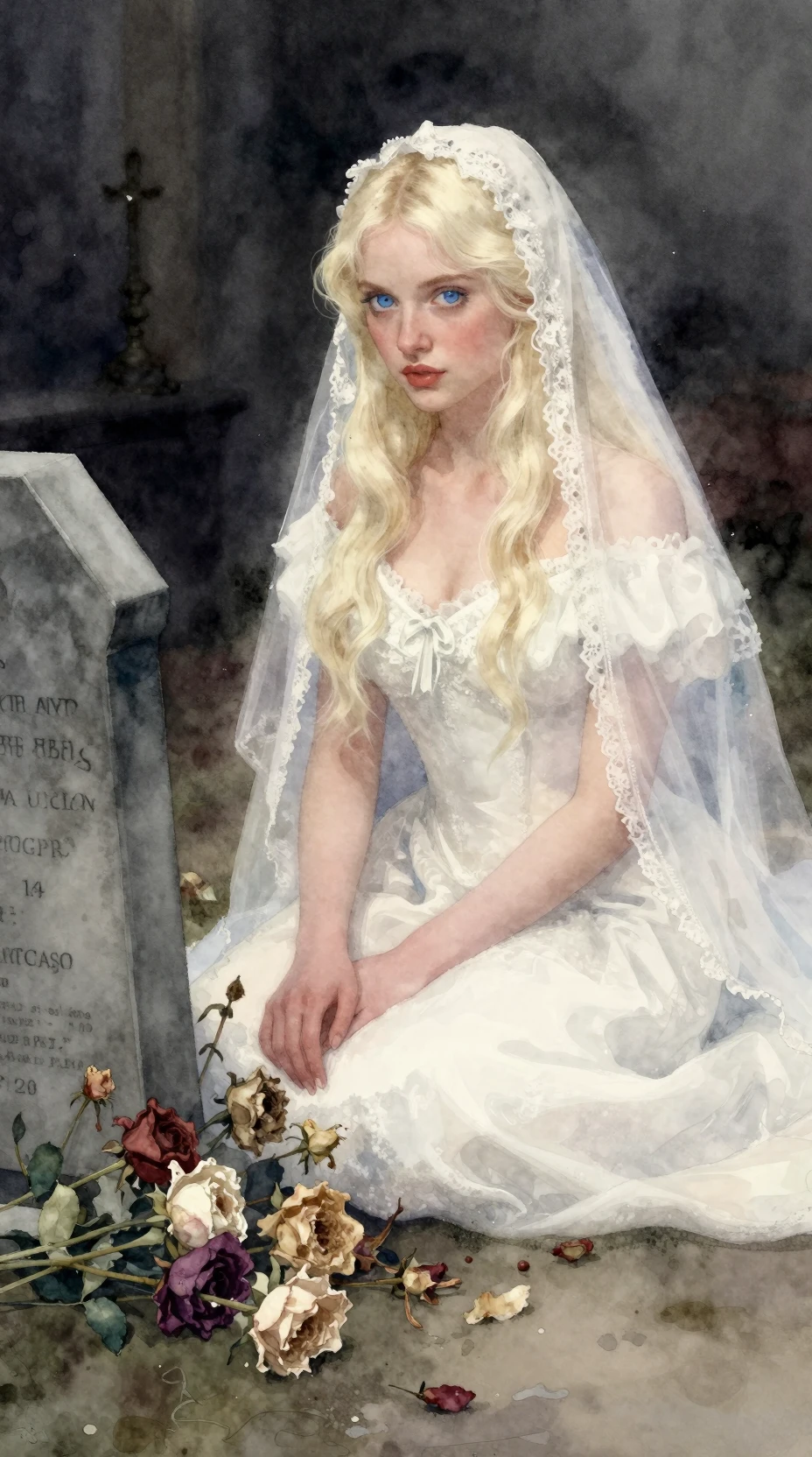 Mourning brides passing a tomb in a dark interior room
