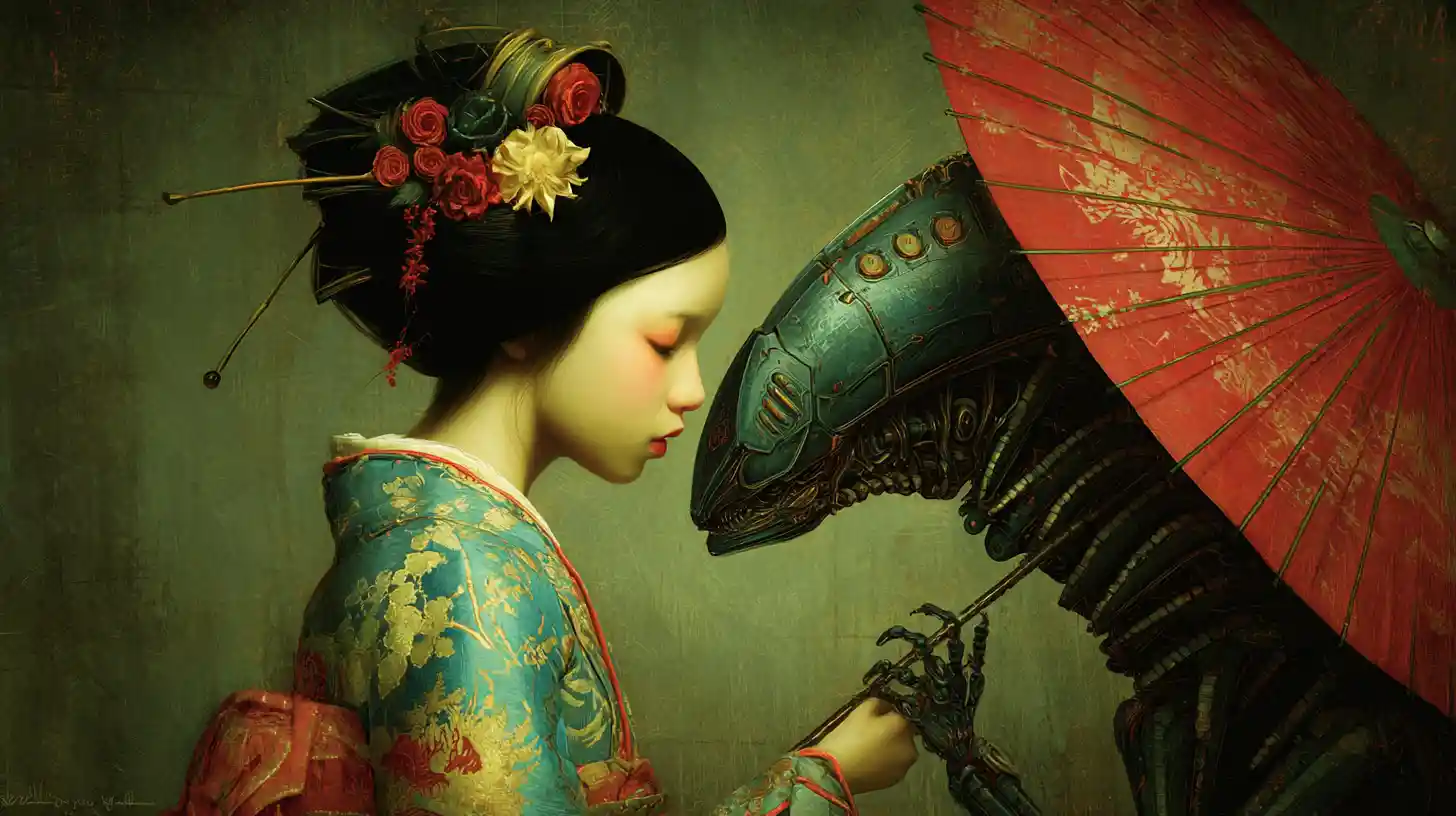 Surreal bio engineered geisha woman in a dreamlike alien scene
