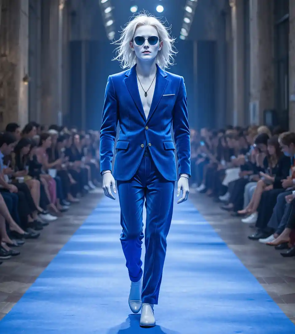 Stylish man in blue velvet suit on runway mid stride