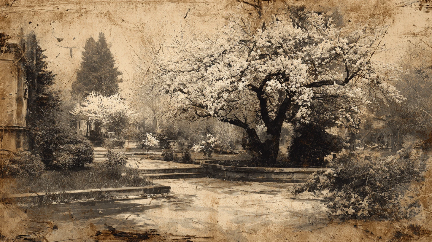 Vintage garden postcard with a cherry tree in distress