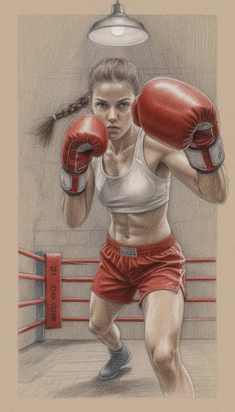 Athletic woman boxer in low angle defensive ring portrait