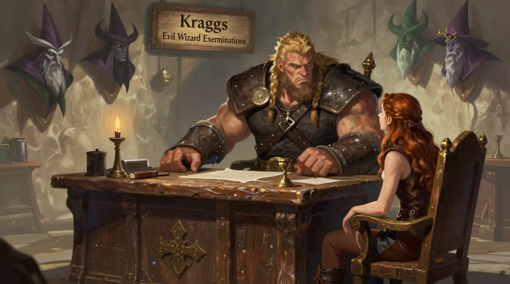 Muskulöser Barbar an einem Fantasy-Schreibtisch in einem Zaubererbüro