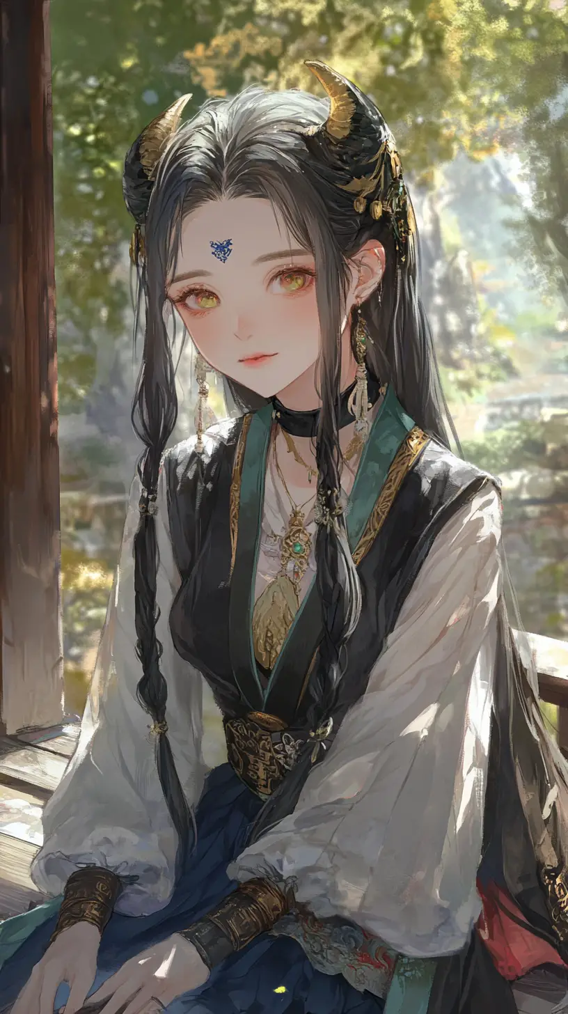 Sad horned girl in a green dress before a forest temple
