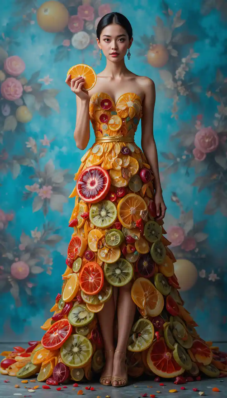 Elegant woman in couture fruit slice gown holding matching piece