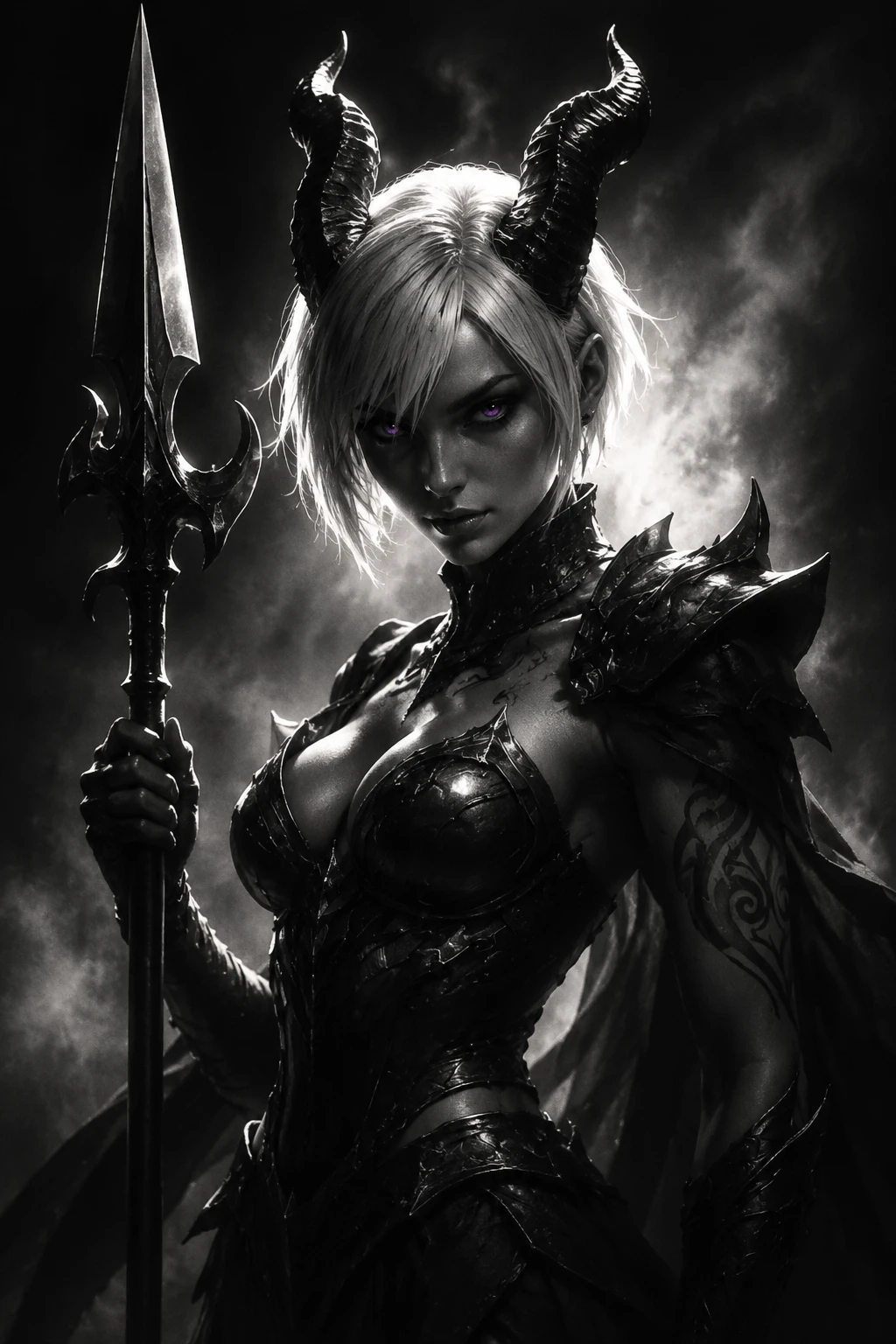 Ethereal horned warrior woman with spear in dramatic pose