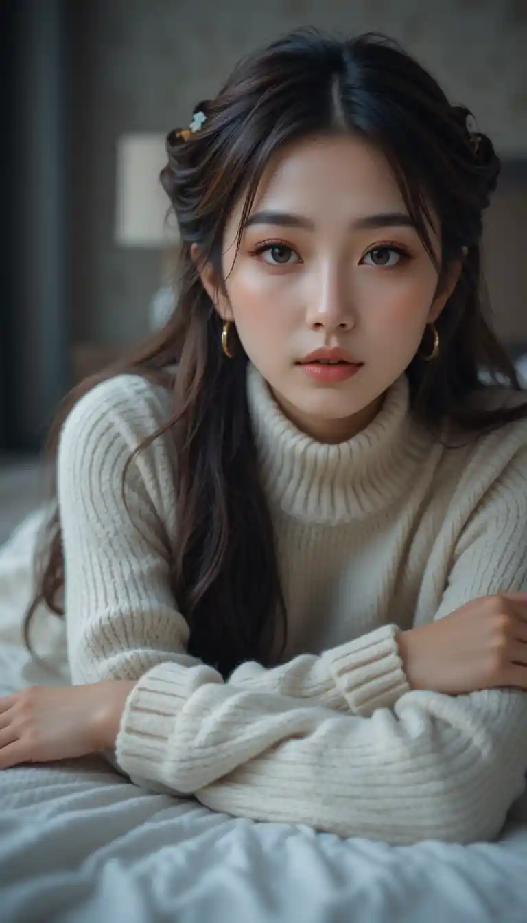 Young woman leaning on bed in cozy close up portrait