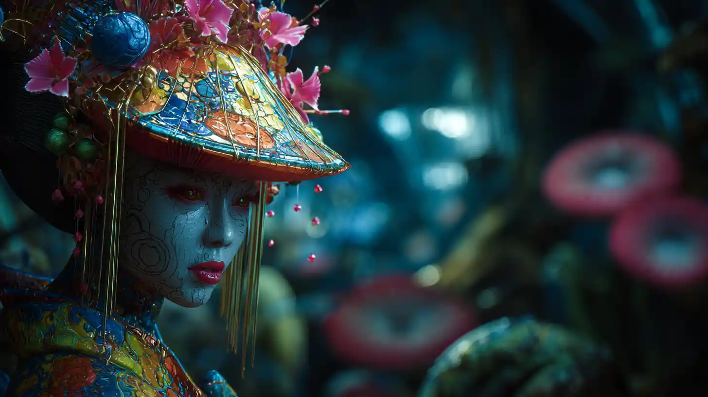 Surreal bio engineered geisha woman in a dreamy alien scene