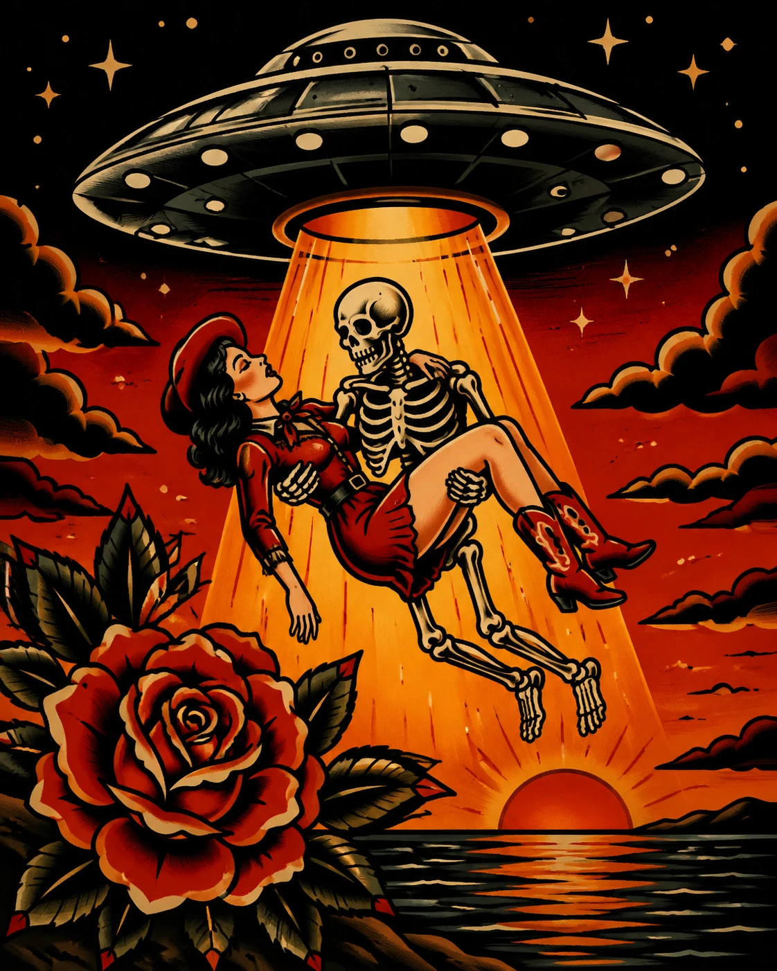 Vintage tattoo illustration of a woman abducted by a flying saucer