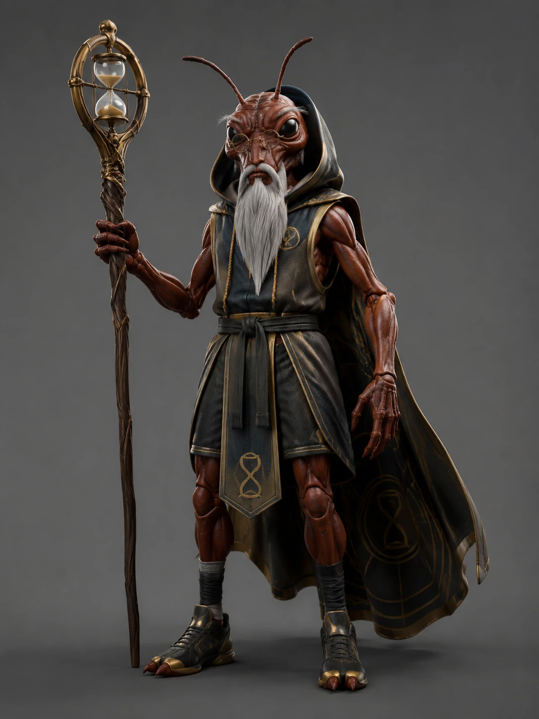 Wise ant humanoid wizard holding a staff on gray background