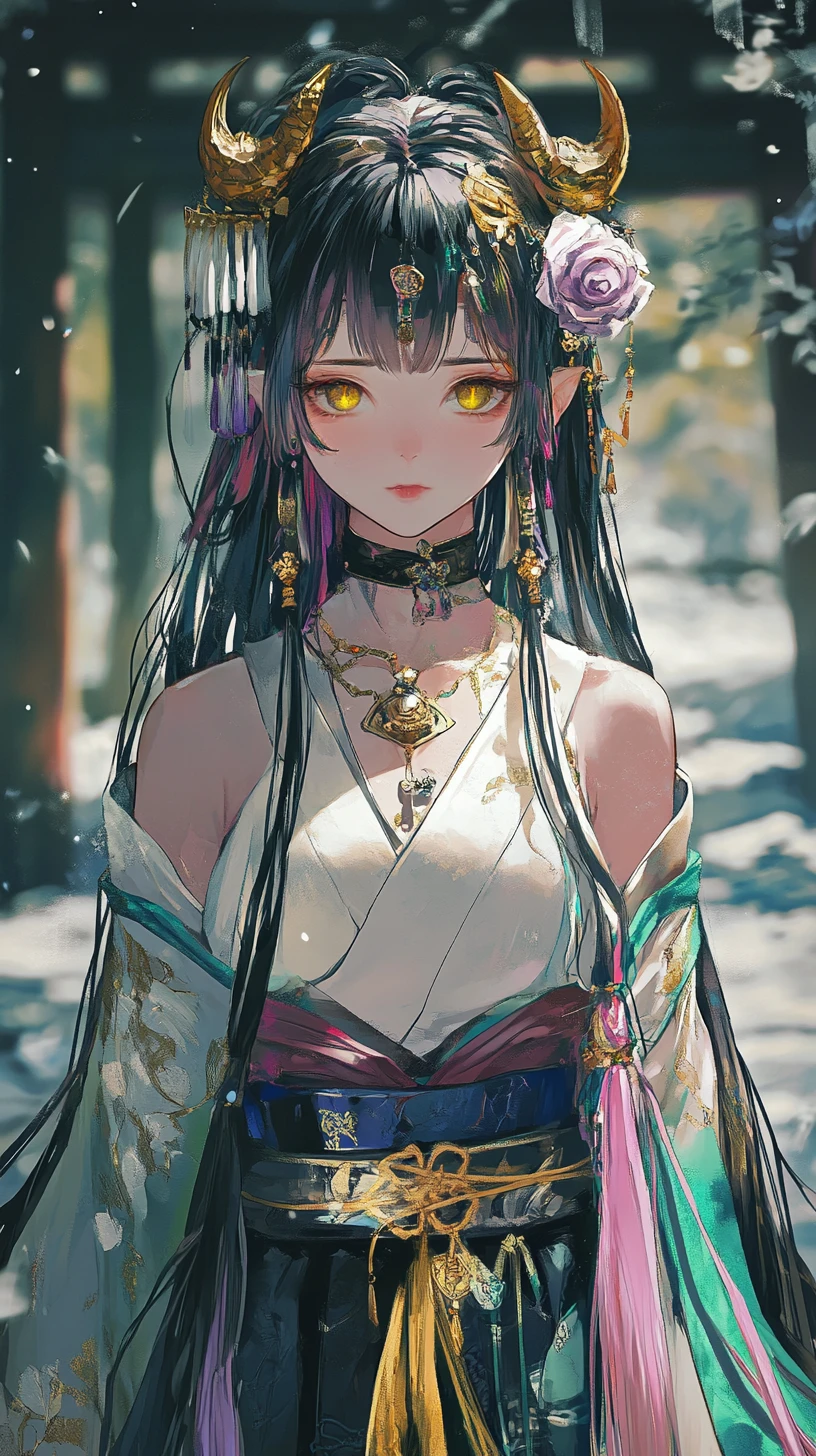 Sad horned girl in a golden green dress at stone temple