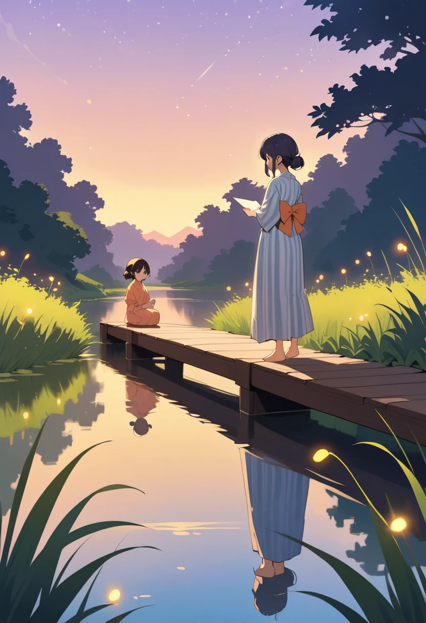 Two girls on a wooden bridge at nostalgic summer sunset