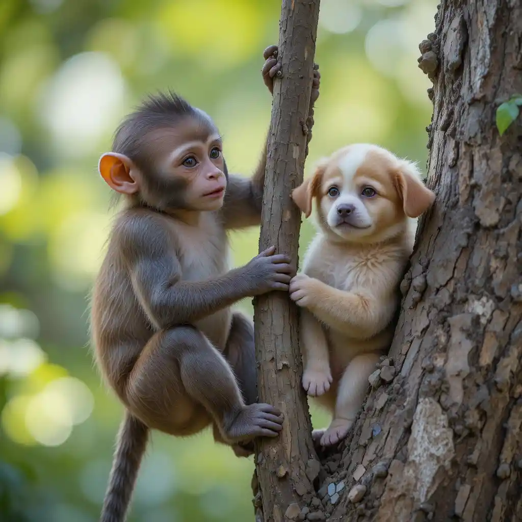 Young monkey and puppy helping each other climb a tree