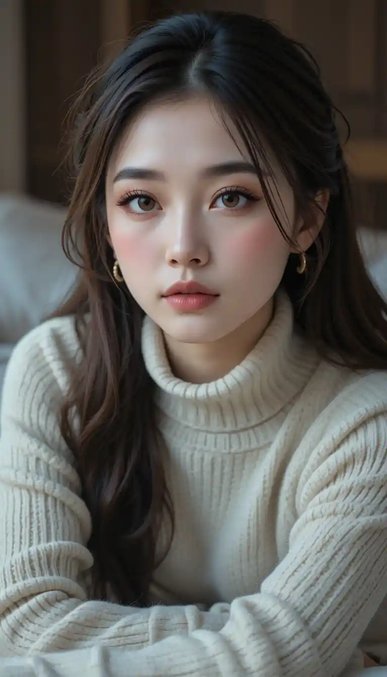 Young Chinese woman in cozy bedroom portrait