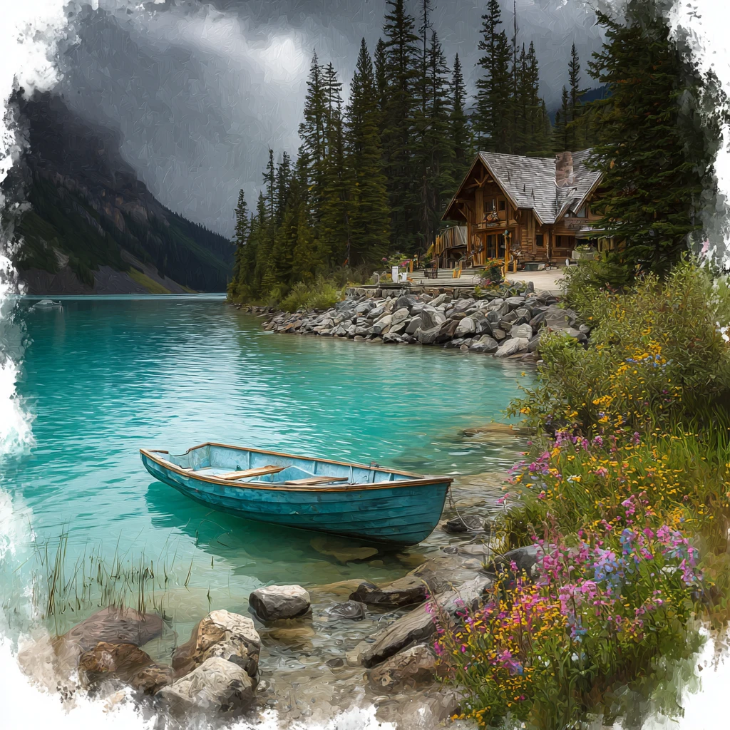 Cozy wooden cabin by a turquoise lake with rowboat