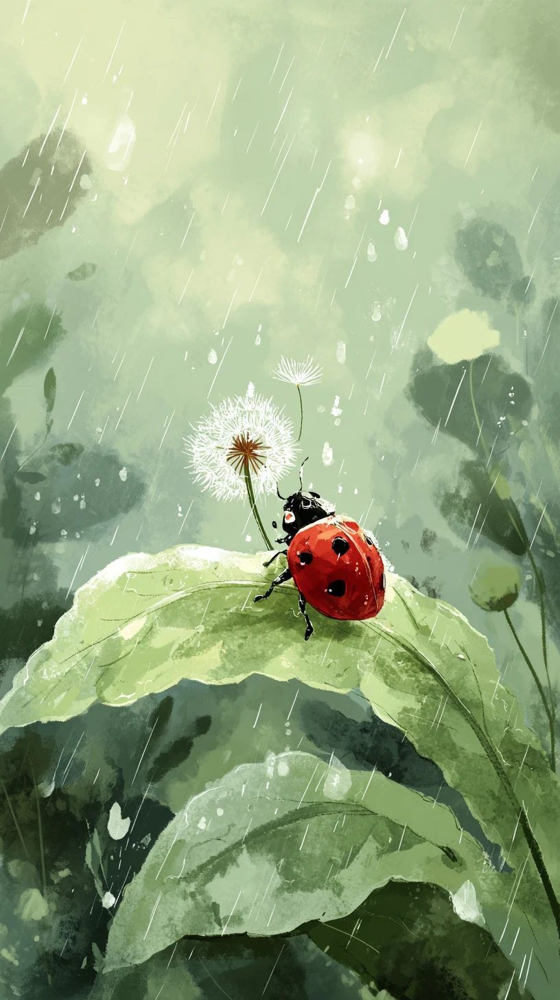 Coccinelle avec pissenlit sur une feuille sous une pluie douce