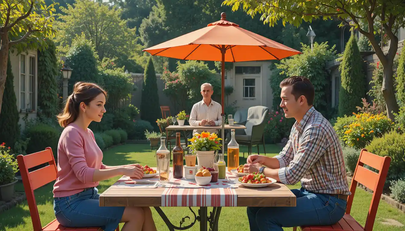 Adults preparing food at a backyard picnic table