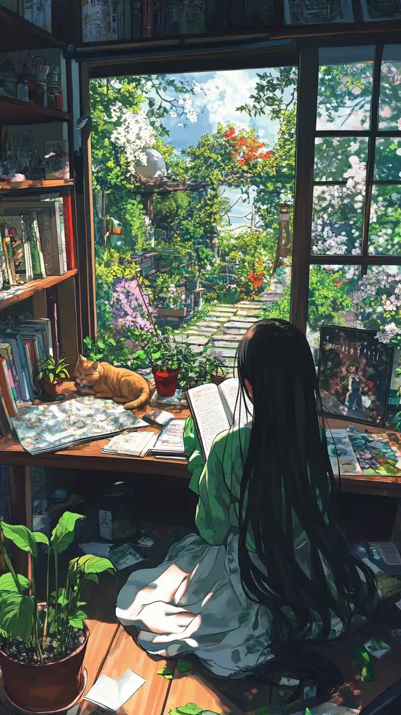 Anime girl reading in a cozy study room with garden view