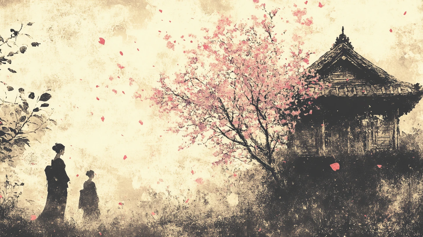 Vintage garden illustration with geisha samurai and cherry tree