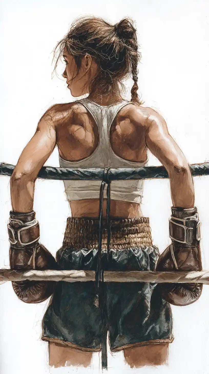 Athletic female boxer resting against the ring ropes