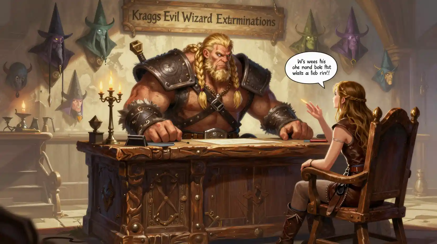 Muscular barbarian at desk hearing evil wizard troubles