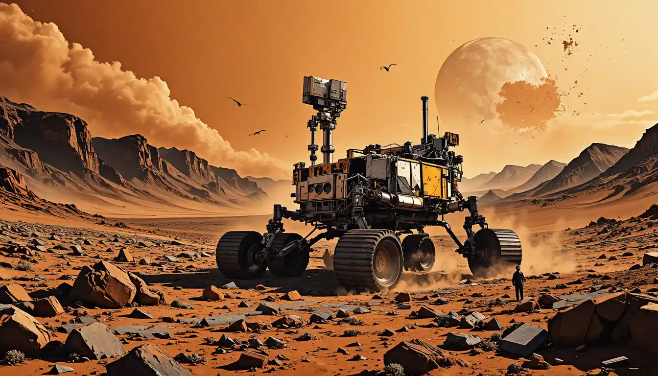 Mars rover crossing rocky terrain under orange dusty sky