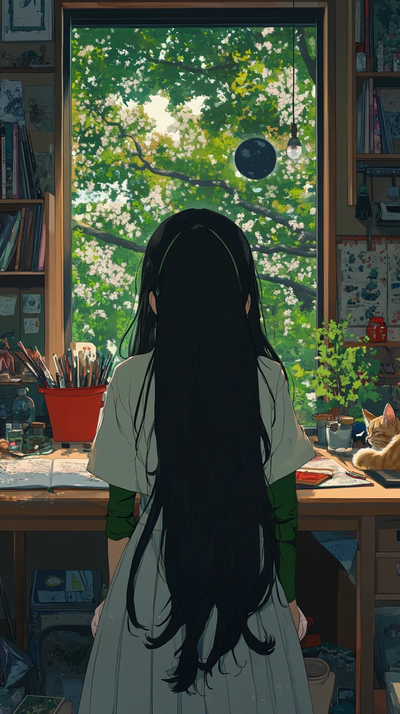 Anime girl reading in a cozy study room with garden view