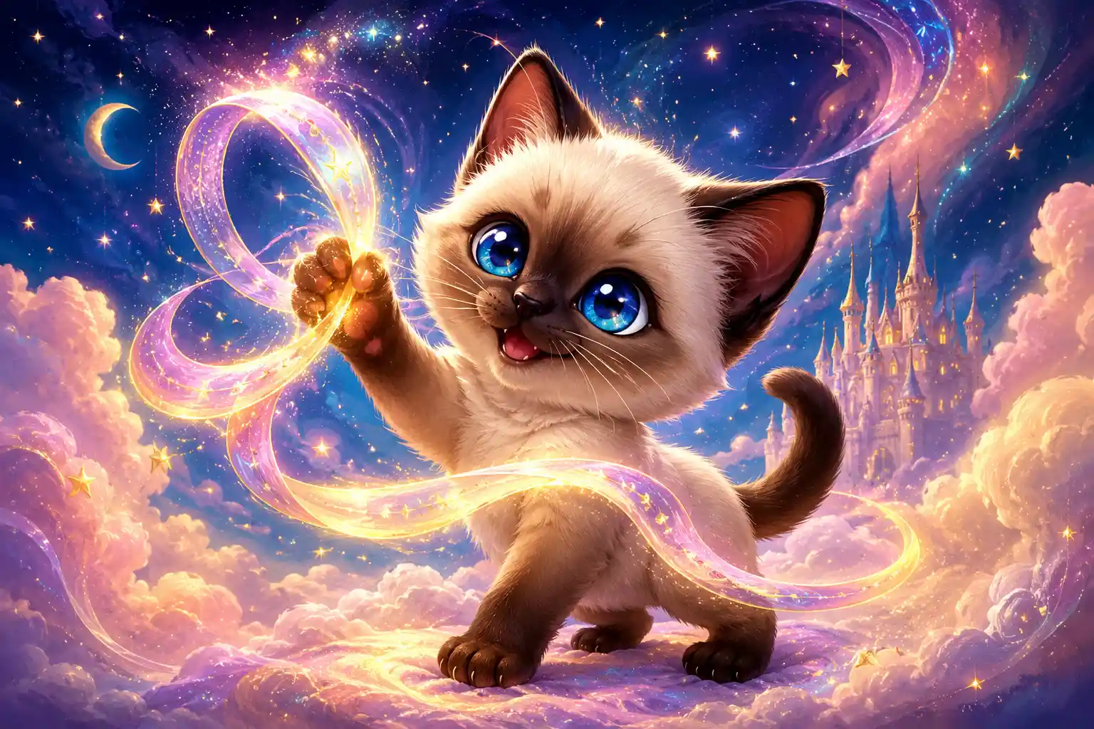 Dolce gattino siamese con nastro magico luminoso – illustrazione
