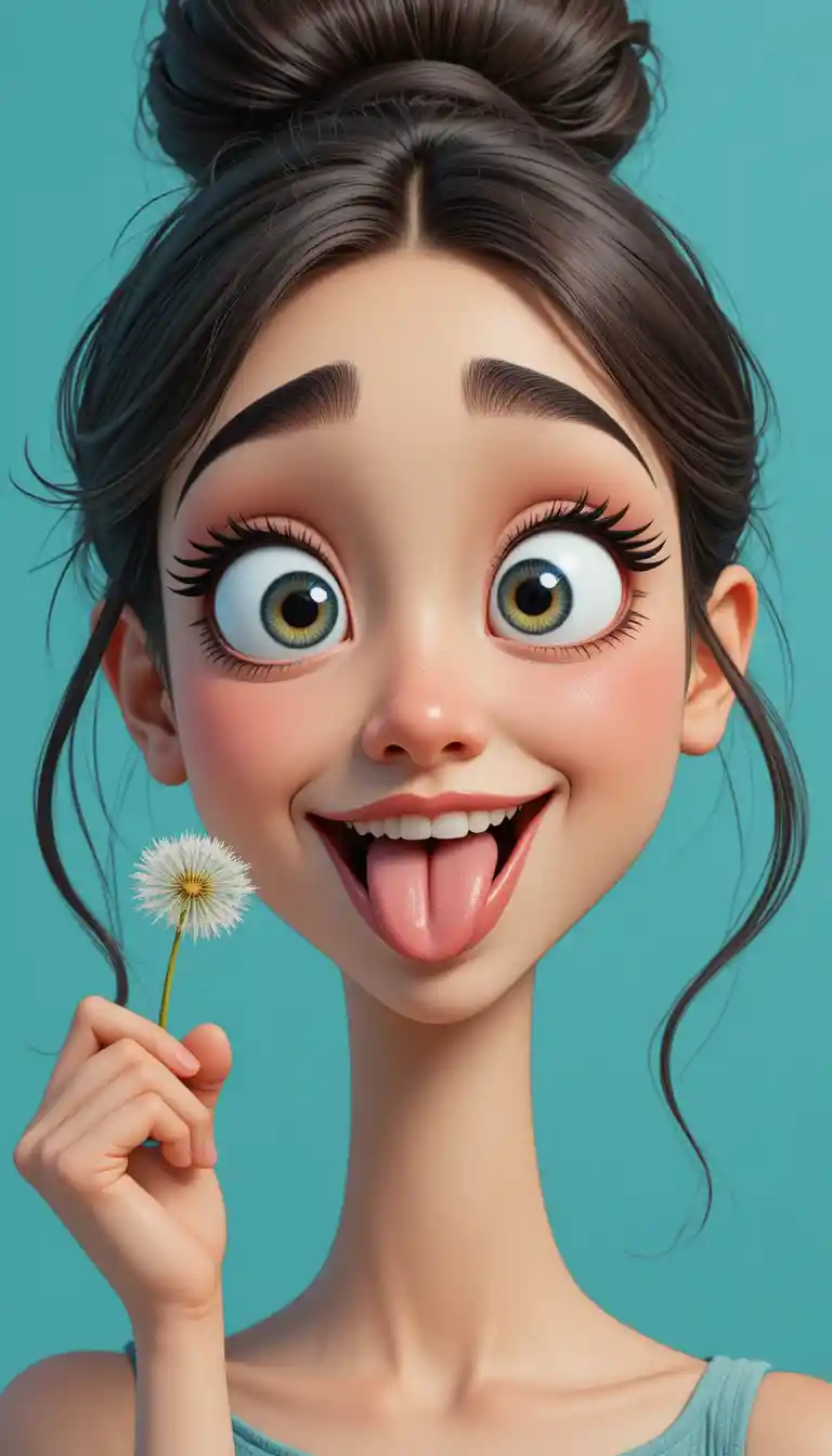 Retrato de menina em desenho animado brincalhona com olhos vesgos e dente-de-leão